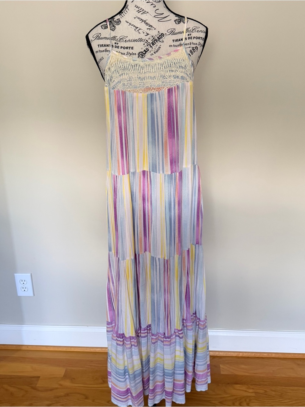 LC Lauren Conrad Crochet Yoke Tiered Maxi Dress in Pastel Stripe